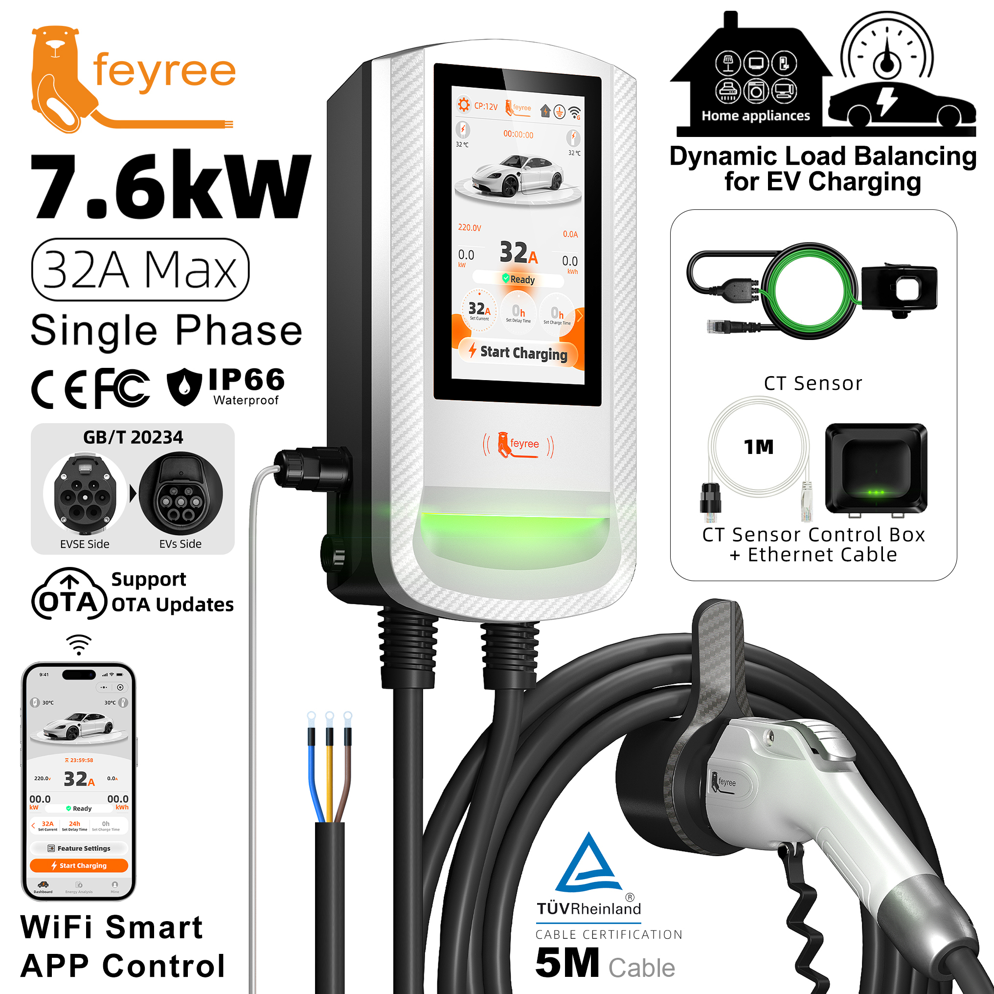 Feyree GBT 22kW 32A 3 Phase Touch Screen EV Wallbox Smart DLB APP Control & Charging Log EV Charging Station for Outdoor Use