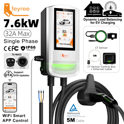 Feyree TS-NACS 12kW 50A EV Wallbox Smart Dynamic Load Balance&OTA &Charging Log&APP Control EV Charging Station for Outdoor Use