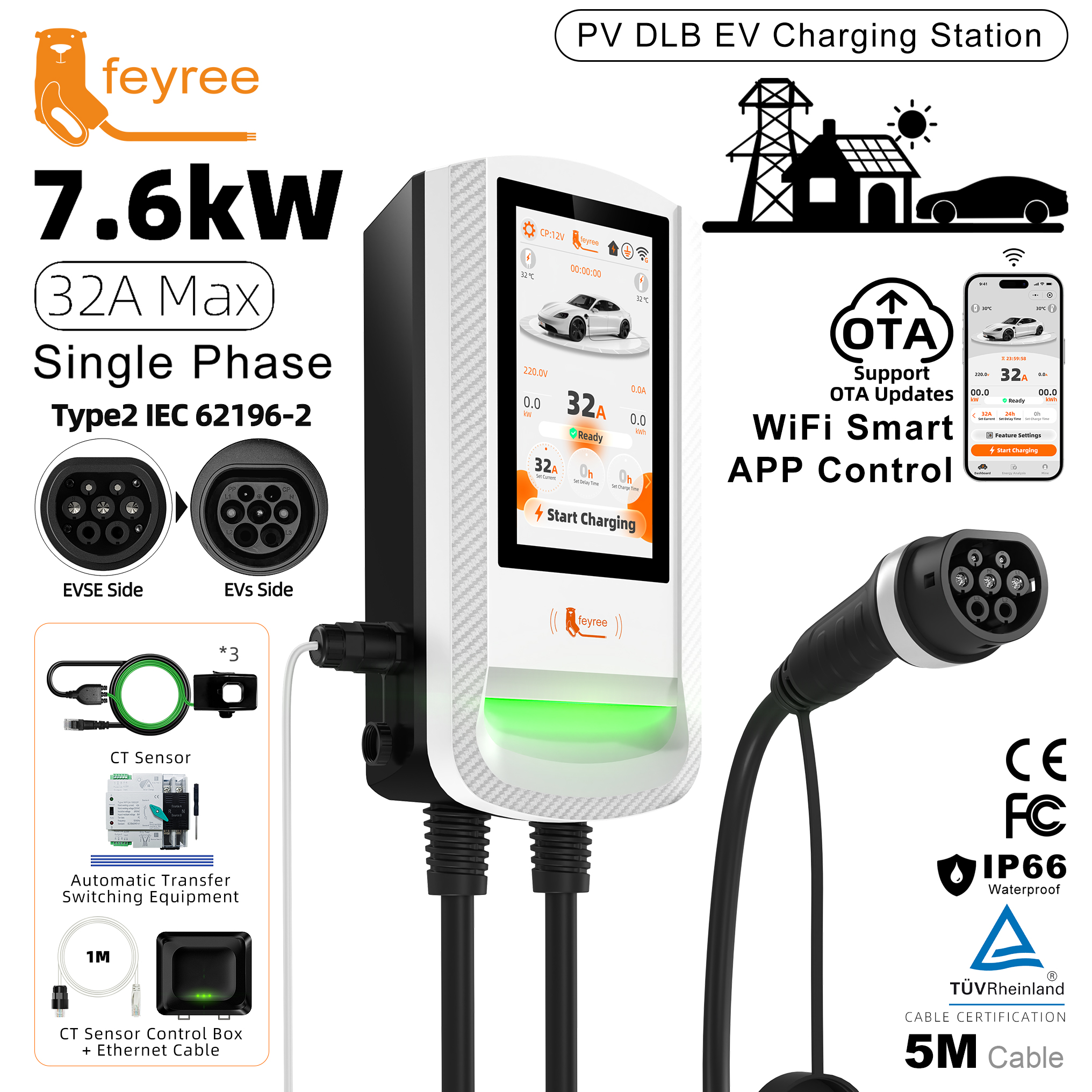 feyree Type2 EV Charger Smart APP Control with7 Inch Touch Screen Charging Log OTA Upgrade with PV  Load Balancing Solar Charger