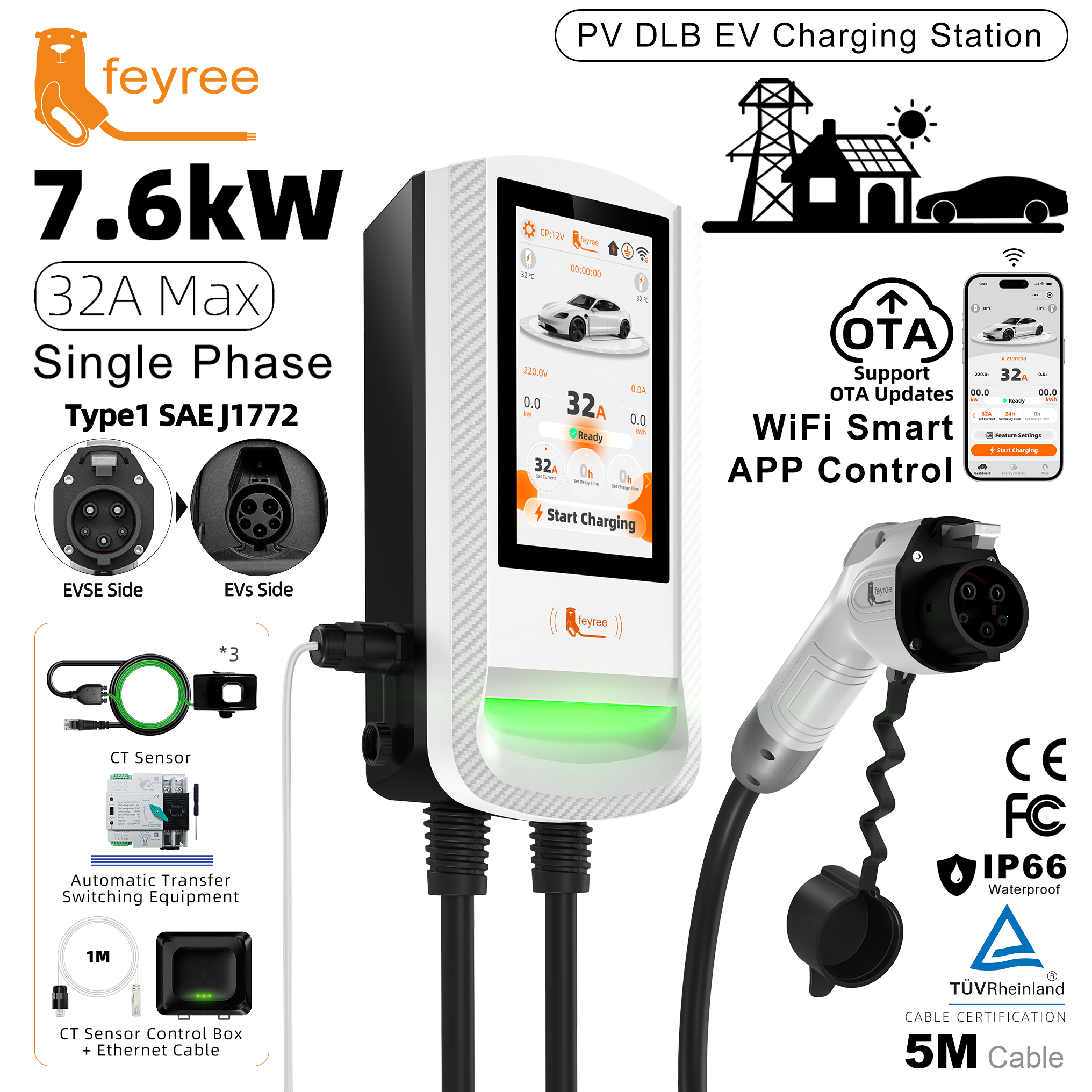 feyree Type 1 EV Charger 7 Inch Touch Screen APP Control OTA Upgrade Charging Log PV Solar Dynamic Load Balancing Home Wallbox