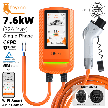 Feyree GBT EV Charger with 7-Inch Touch Screen Wallbox OTA Upgrade Smart APP Charging History & Safety for Exclusive Home Use