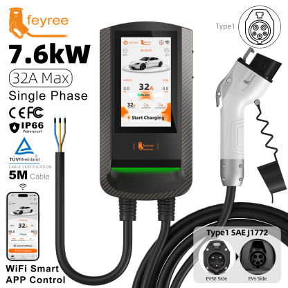 feyree Type1 EV Wallbox RFID Card Authorization 7.6kW 7Inch Touch Screen APP Control OTA Upgrade Charging Log 12kW Car Charger