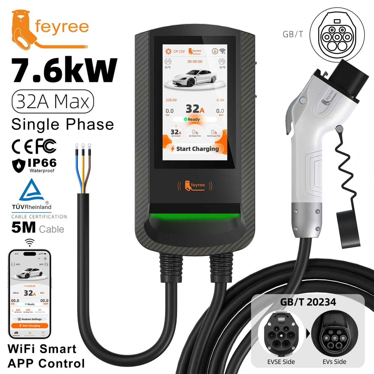 Black GB/T EV Charger, 7" Screen & 22kW