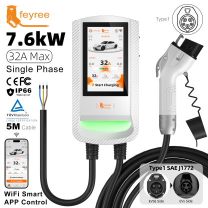 Feyree Type1 EV Wallbox with 7-Inch Touch Screen OTA Upgrade Smart APP Charging History & Safety for Exclusive Home Use