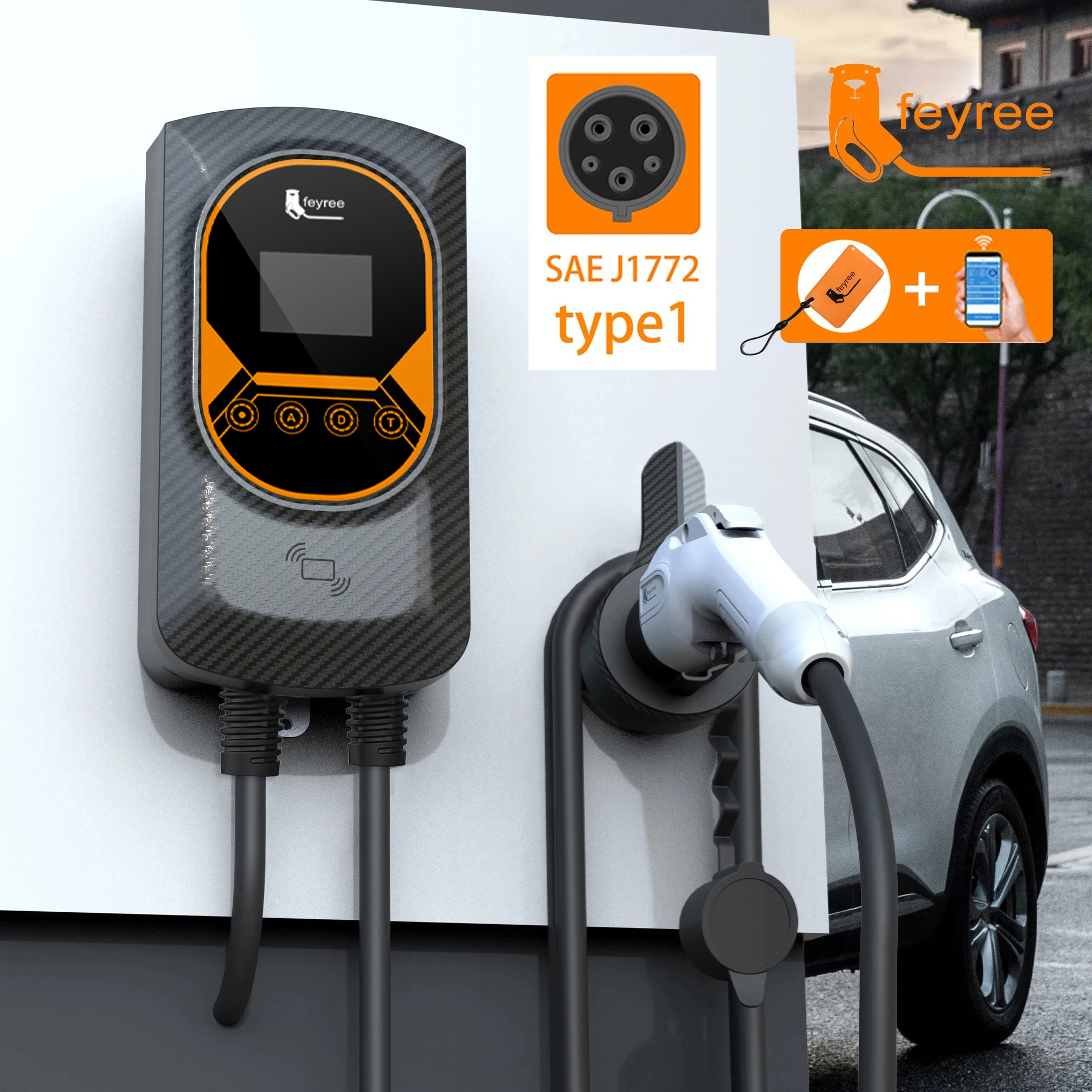Wall-mounted EV charger with SAE J1772 Type 1 plug and carbon-fiber style finish for smart, secure home charging.