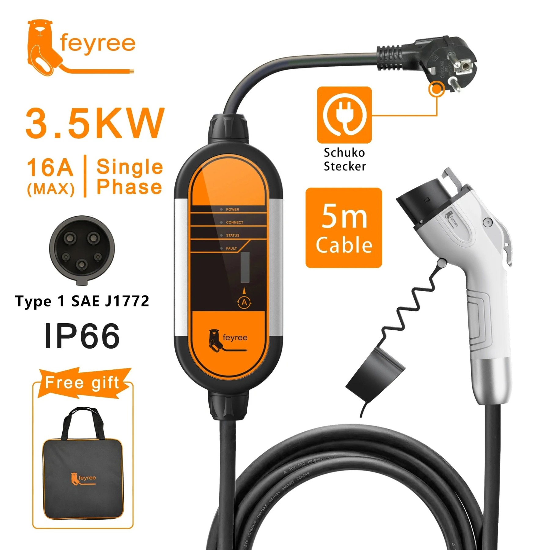 feyree Type2 EV Portable Charger 16A 3.5KW Type1 j1772 Adapter Charging Cable 5m with Schuko Plug EVSE Wallbox for Electric Car-feyree