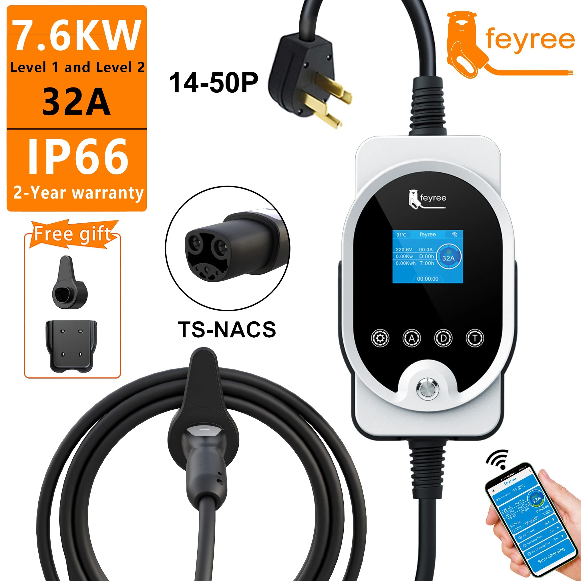 CE604 feyree ポータブルEV充電器 テスラ NACS Portable Tesla NACS Charger Delivers 12 kW with Smart App Control