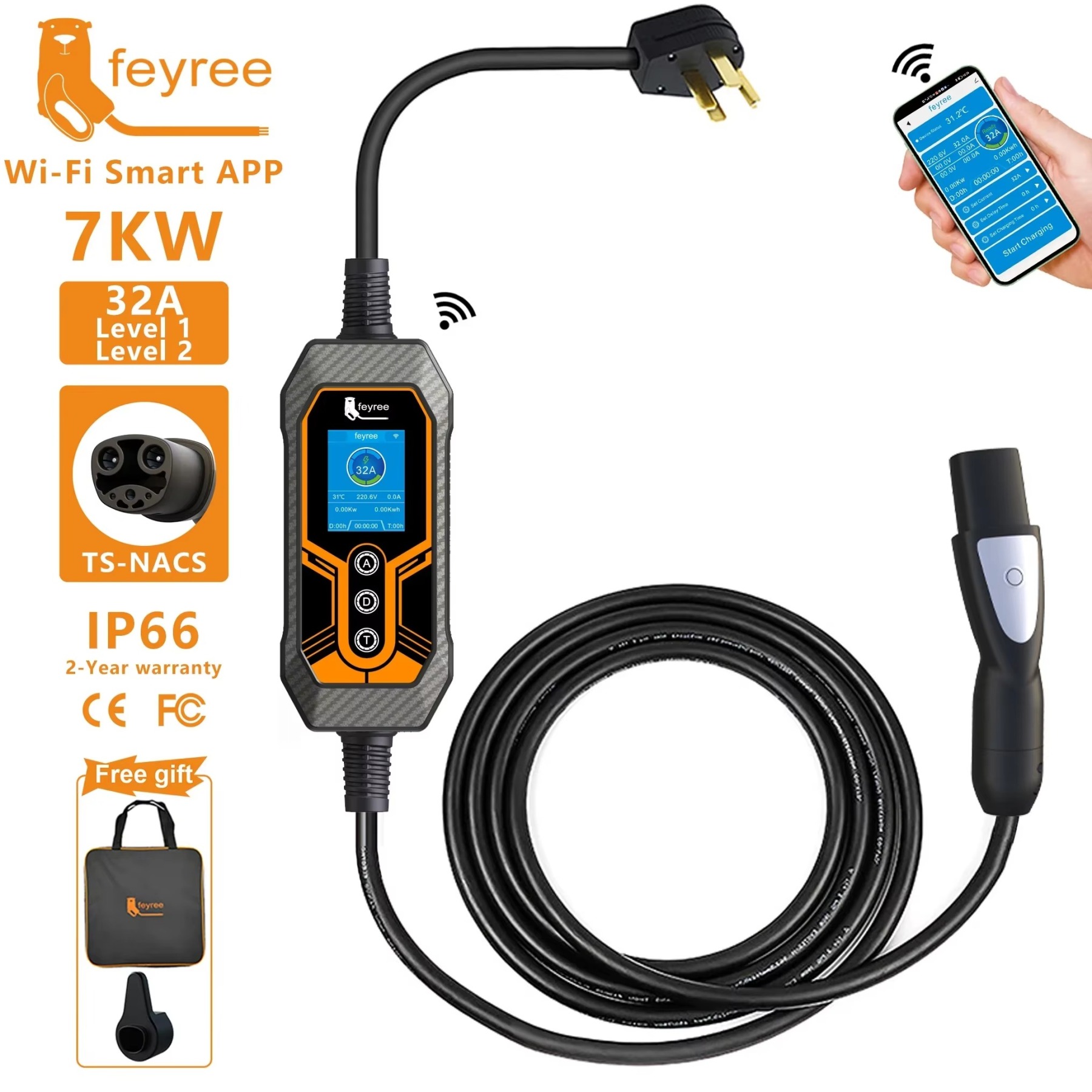 feyree Tesla EV Portable Charger NACS Socket 7KW With APP Control for Tesla Models 3/Y/S/X