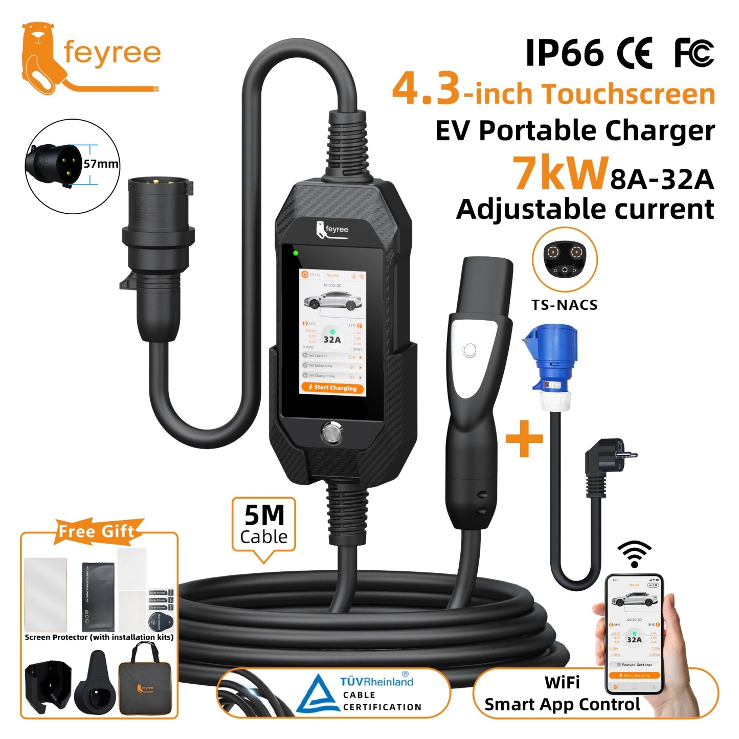 feyree 4.3Inch Touch Screen EV Charger 7kW 32A 1Phase TS-NACS Socket Smart WIFI APP Control EVSE Portable Box for Tesla EV Cars