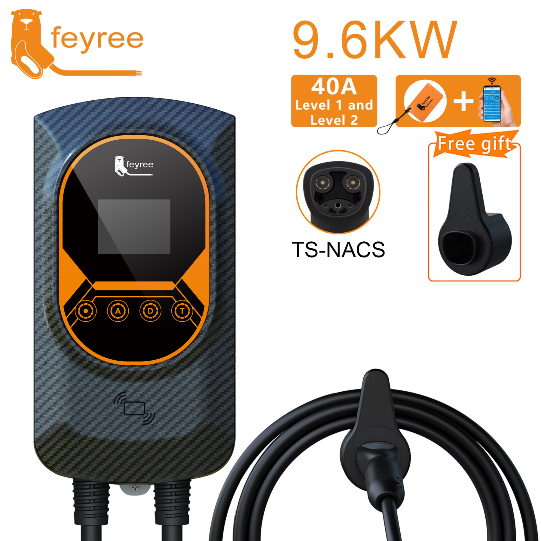 feyree EV Charging Station Tesla NACS EVSE Wallbox 32A 7.6KW 40A 9.6KW 50A 12KW 1Phase 5M APP Control for Electric Vehicle Car