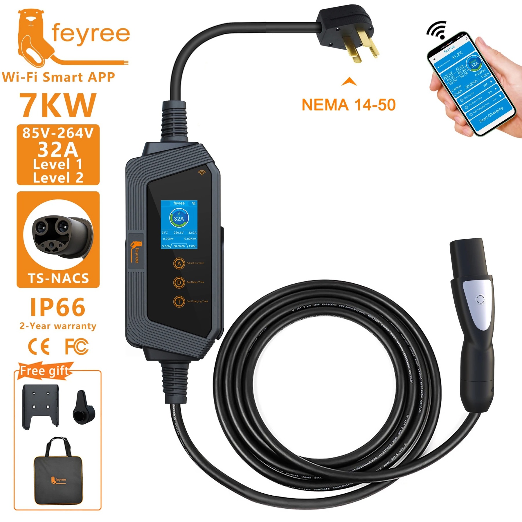 feyree Portable EV Charger with Tesla NACS Connector 32A up to 50A 12kw High Power EV wallbox with APP WIFI for All Tesla Models-feyree