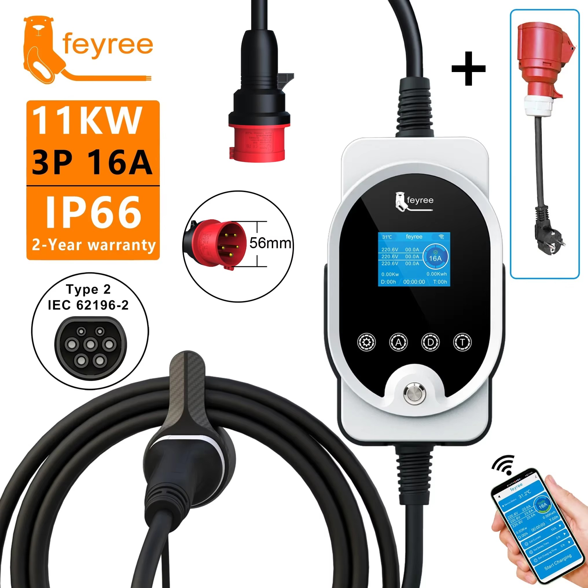 feyree Type2 EV Portable Charger 11KW 16A 3Phase With APP Control