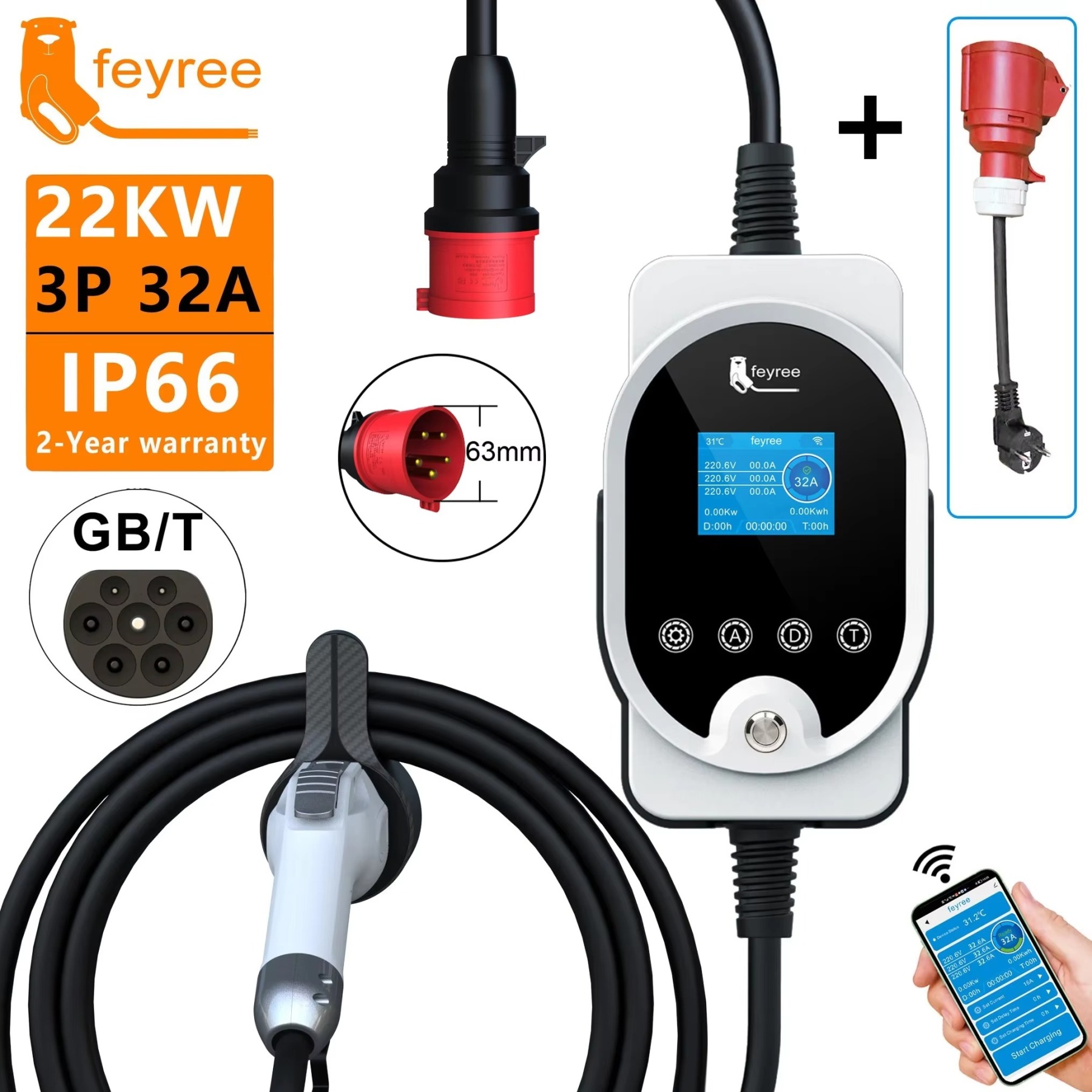 feyree 22KW GB/T Portable EV Charger 32A 3Phase With APP Control