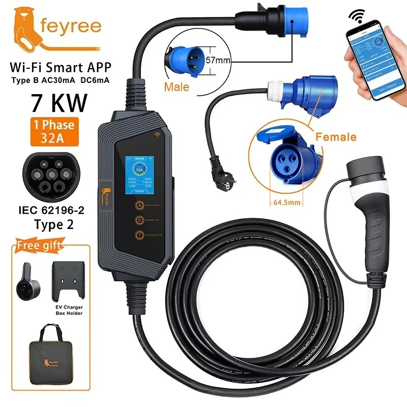 
Versatile 7kW portable EV charger, 32A, Type 2, with CEE plug, 5-meter cable, and Type B protection for safe charging everywhere.
