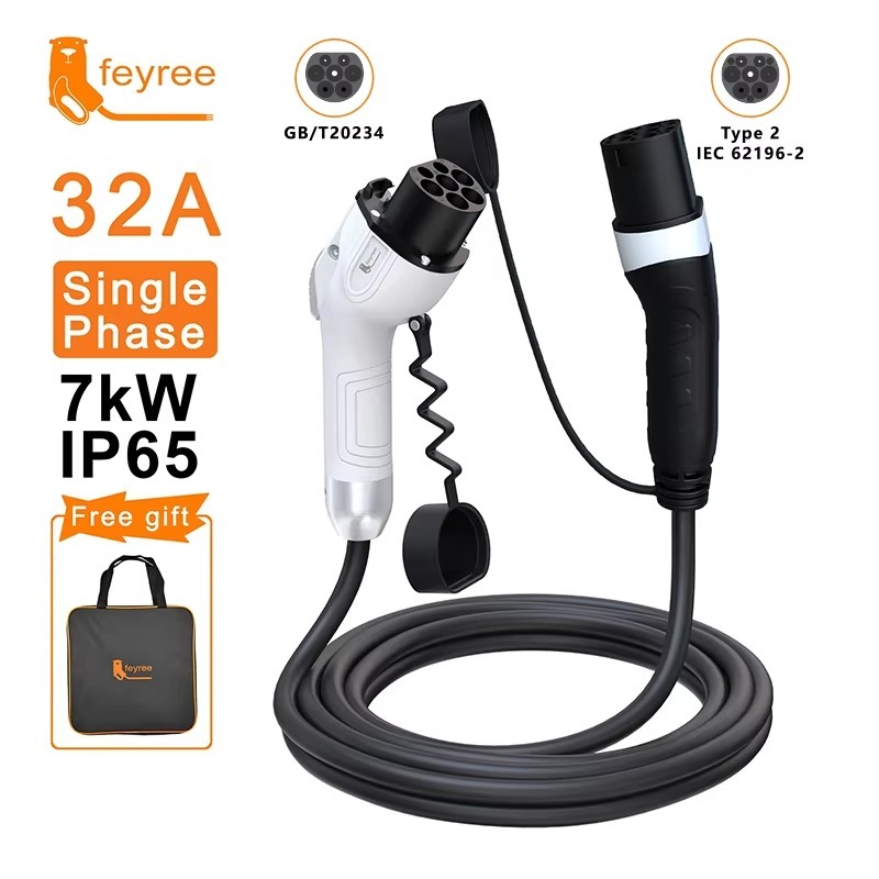 7kW Type 2 to GB/T EV charging cable, 32A Single Phase, IP65 waterproof for secure travel charging.