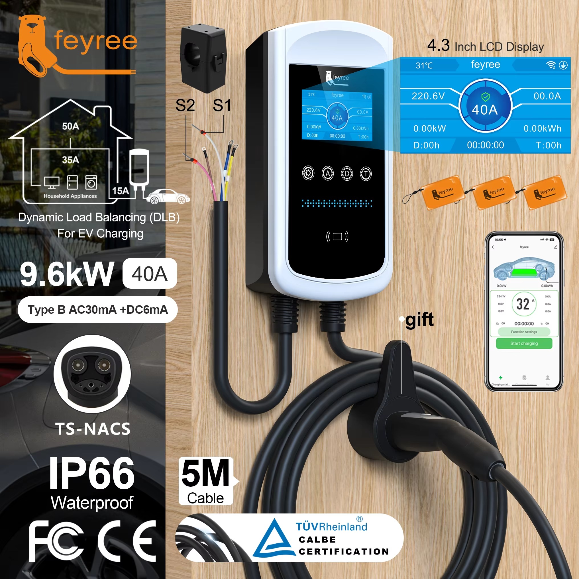 Feyree Dynamic Load Balancing EV Charging Station 32A 7kW TS-NACS Charger Plug Car Charger EVSE Wallbox 9.6kW 12kW APP Control