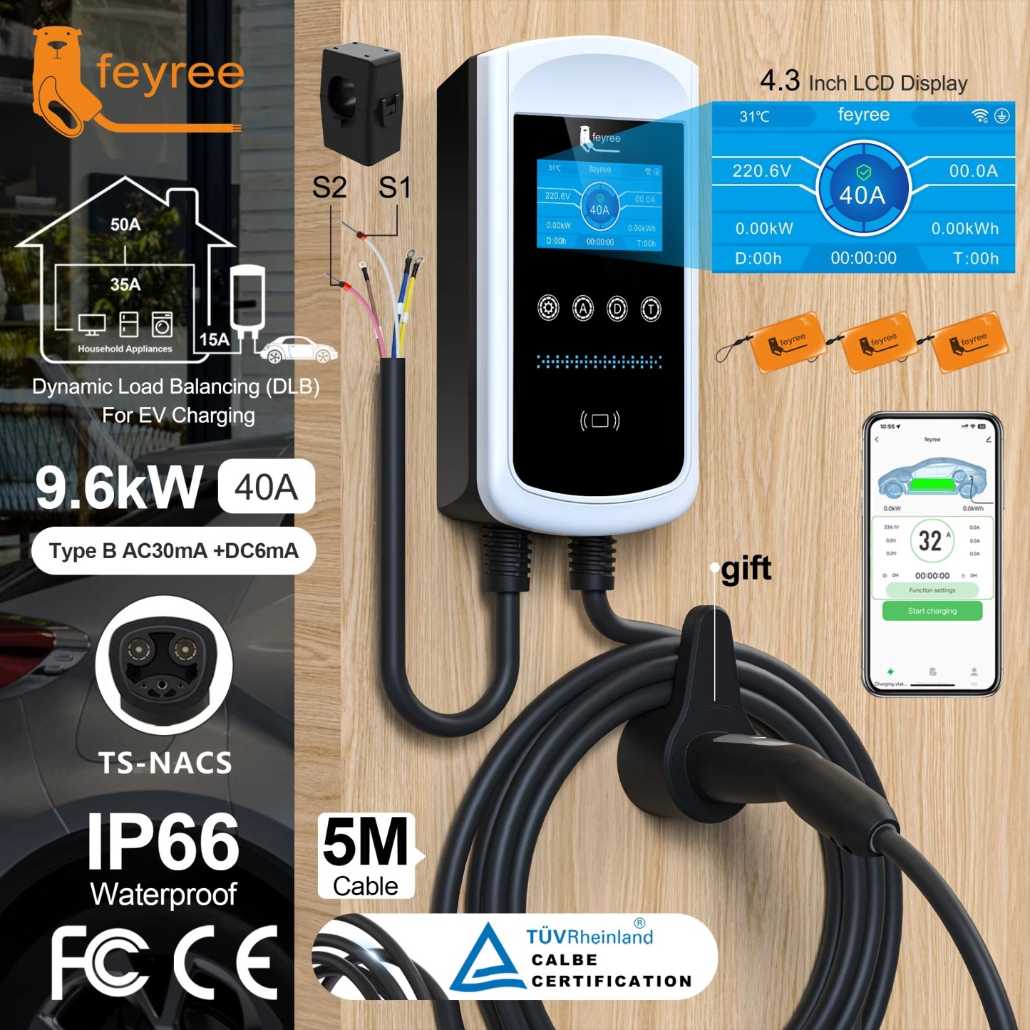 Feyree Dynamic Load Balancing EV Charging Station 32A 7kW TS-NACS Charger Plug Car Charger EVSE Wallbox 9.6kW 12kW APP Control