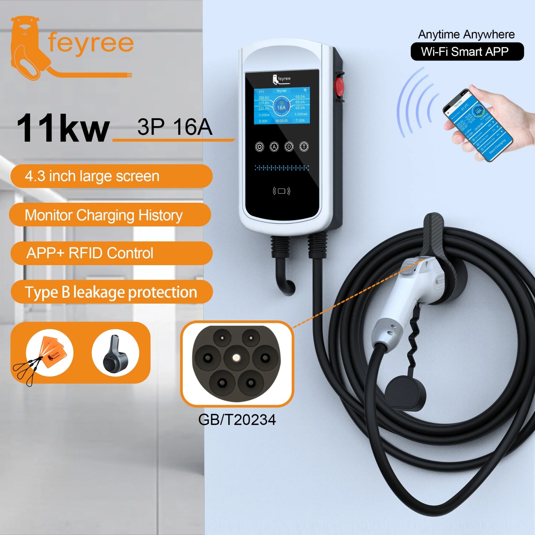feyree GB/T EV Charging Station 7.6KW 11KW 22KW With APP Control 4.3″ Screen-feyree
