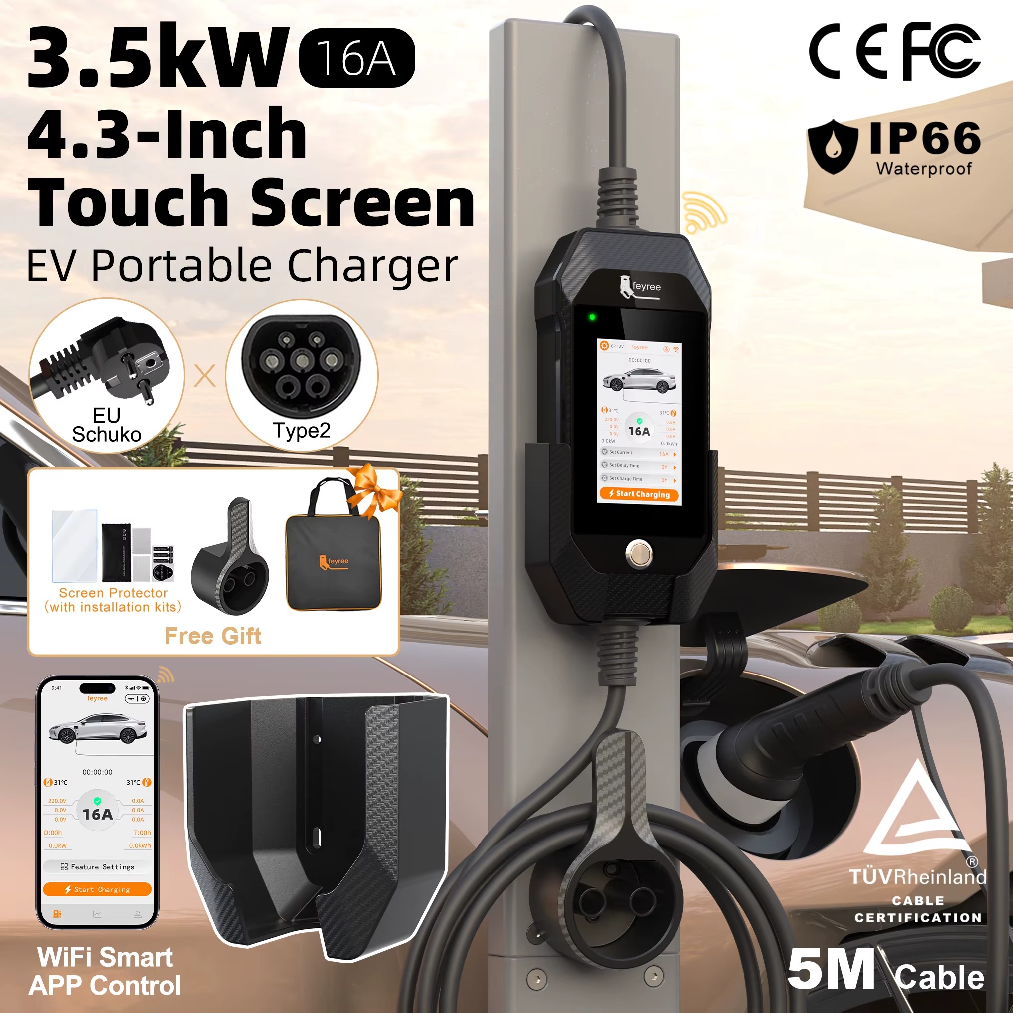 Feyree Portable EV Charger 3.5kW 16A Type 2 | 4.3' Touchscreen, WiFi APP Control, Charge History | 5M Cable for Electric Vehicle