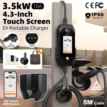 Feyree Portable EV Charger 3.5kW 16A Type 2 | 4.3' Touchscreen, WiFi APP Control, Charge History | 5M Cable for Electric Vehicle