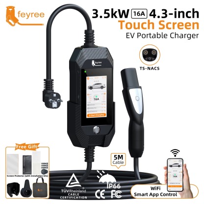 feyree 4.3in Touchscreen Portable EV Charger For 3.5kW 16A 1Phase Tesla With WiFi APP Control EVSE Wallbox For EV Car Charging