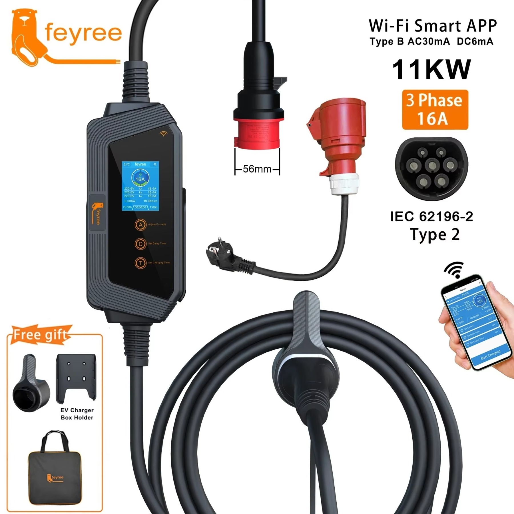 feyree Type2 11KW  Portable EV Charger 11KW 16A 3P Car Charger Wi-Fi APP Control EVSE Charging Box CEE Plug for Electric Vehicle