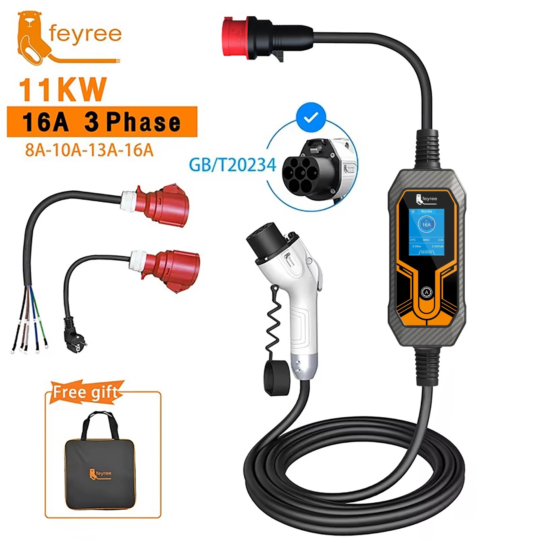 feyree GB/T Cord 11KW 16A 3 Phase EV Portable Charger 5M Cable EVSE Charging Box Car Charger with CEE Plug for Electric Vehicle