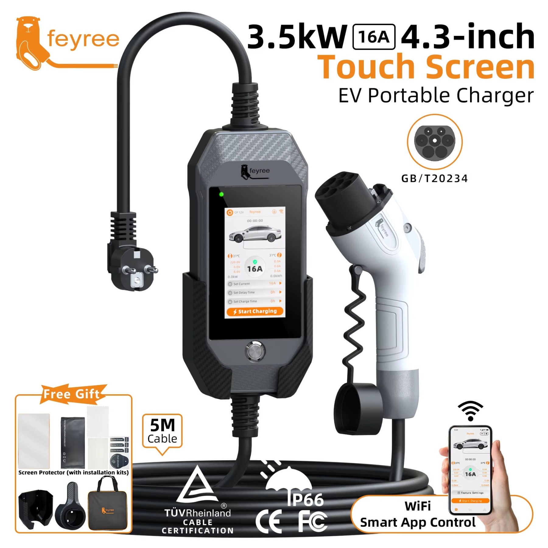 Feyree GB/T EV Charger 16A 3.5kW Portable Charger 1P 4.3'' Touchscreen Smart APP OTA Version Current Adjustable for Electric Car