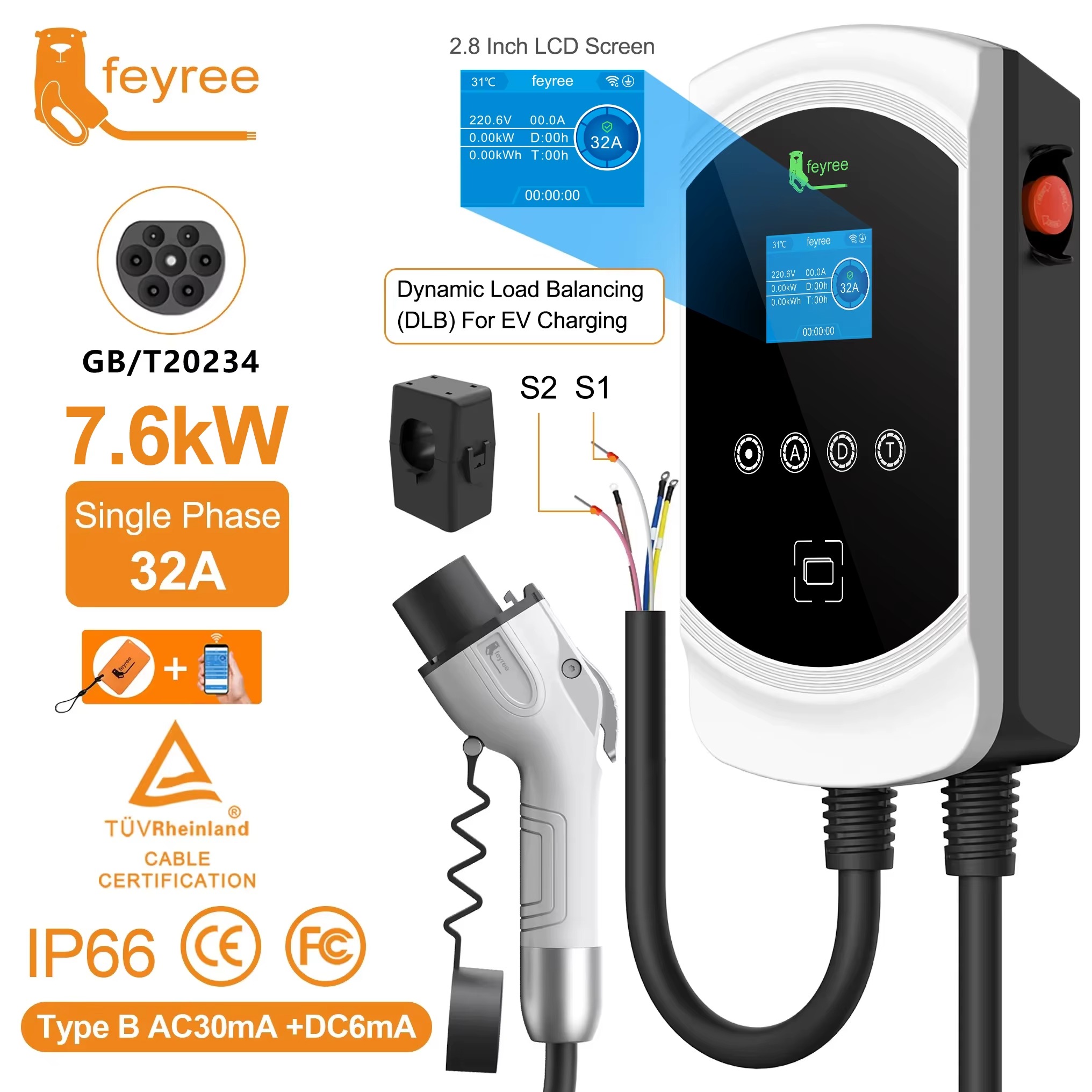 Feyree EV Charger GB/T Socket 32A 3Phase 22kW Fast Charging EVSE Wallbox Load Balance Function AC Home Charging for Electric Car