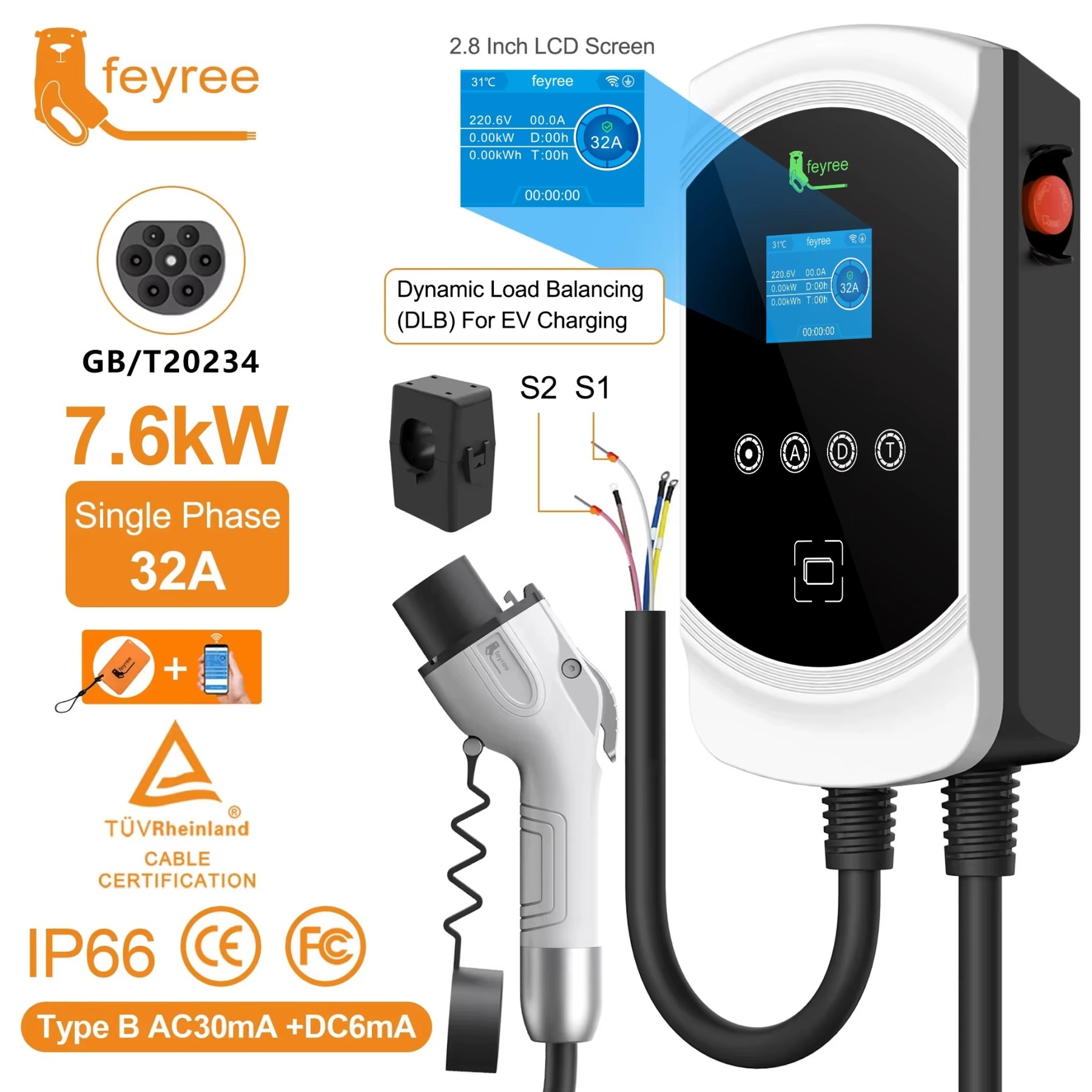 Feyree EV Charger GB/T Socket 32A 3Phase 22kW Fast Charging EVSE Wallbox Load Balance Function AC Home Charging for Electric Car
