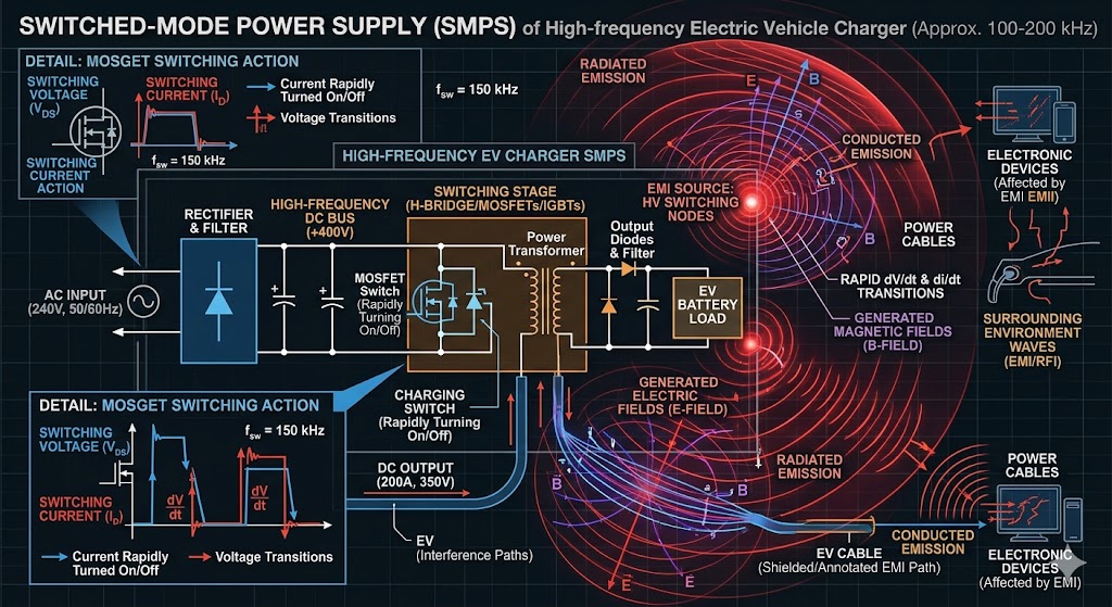 SMPS diagram of an EV charger showing high-frequency switching and radiated electromagnetic waves.