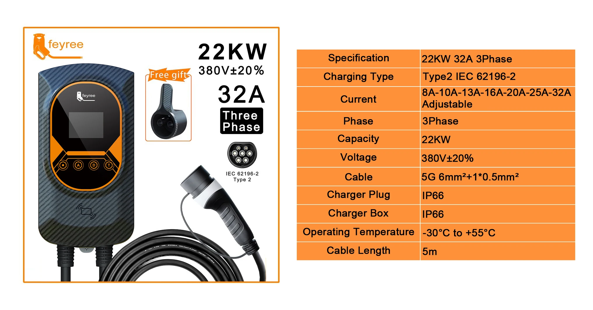 Maximum performance 22kW Three Phase Type 2 portable EV charger with 32A adjustable current and 5m cable for fastest home charging.