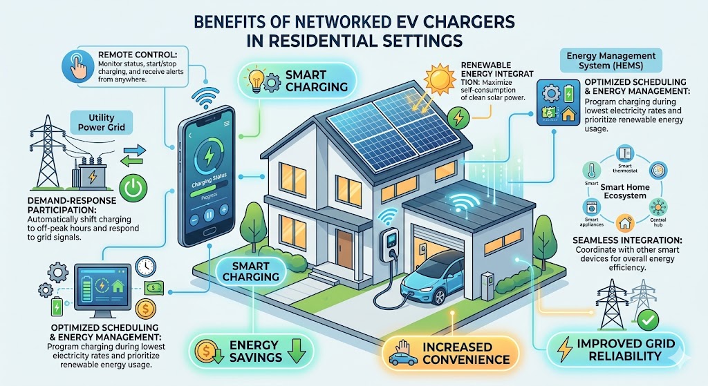 Diagram of a smart home showing a networked EV charger connecting to a phone, solar panels, and the grid.