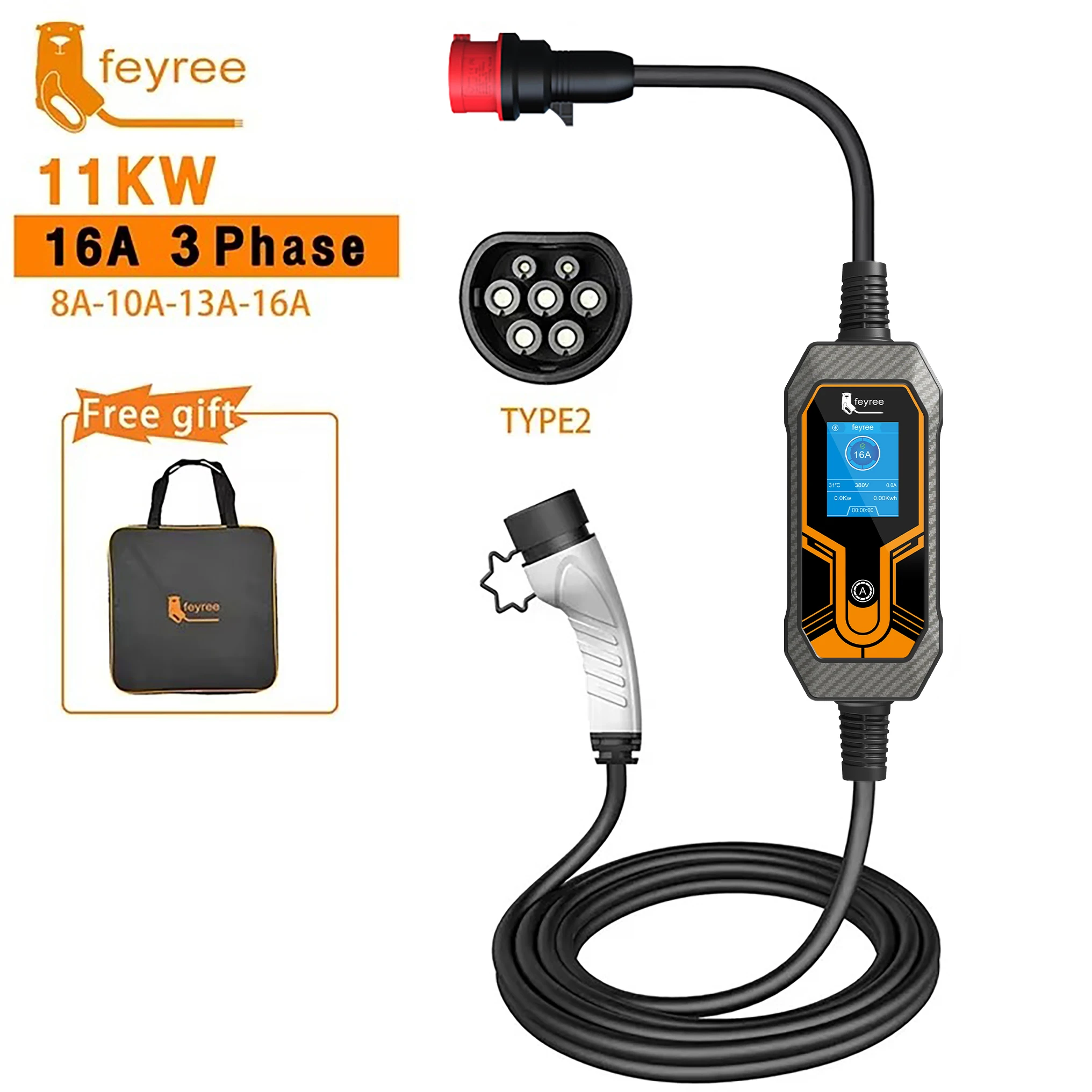 Fast 11kW 3-Phase Type 2 portable EV charger with 5m cable for reliable long-range road trips.
