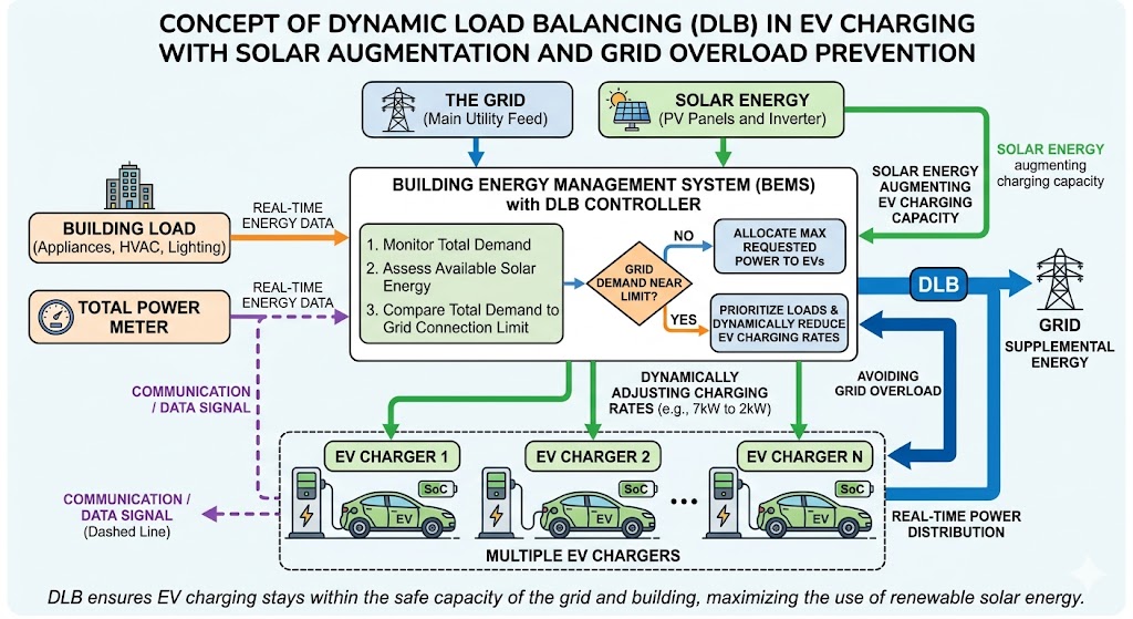 DLB flowchart showing solar energy augmentation and BEMS control for safe EV charging distribution.