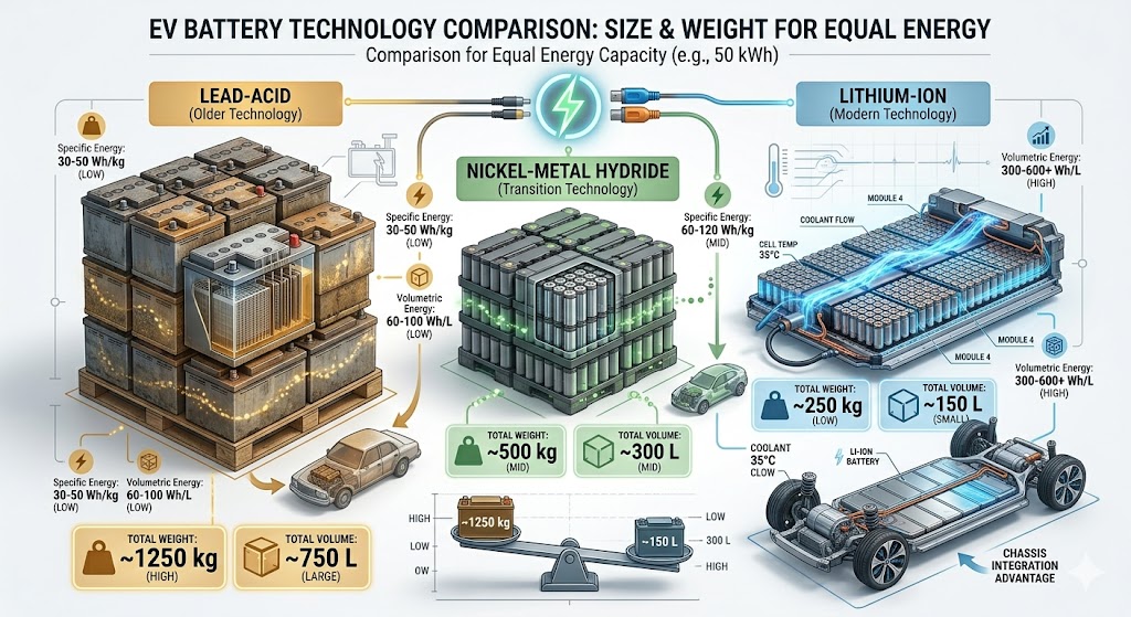 Infographic comparing the size and weight of lead-acid, NiMH, and compact lithium-ion EV batteries.
