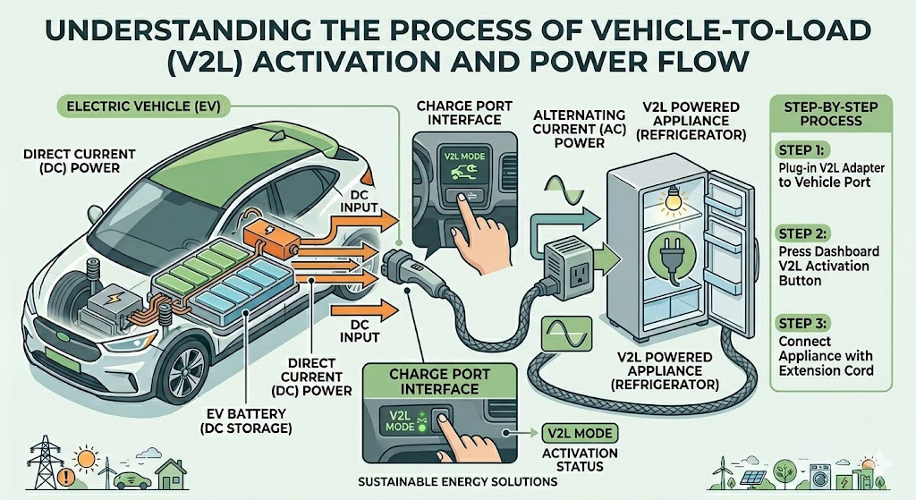 Illustration of V2L activation showing a V2L adapter plugged into an EV port and the dashboard button powering a refrigerator.