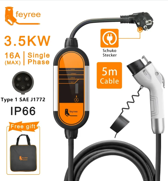 feyree Leaping Fox Type 1 EV Charger: 3.5KW - 16A Portable Charging Box (Schuko Plug to J1772, Manual Local Control, 5m Cable, Stable Home EVSE)
