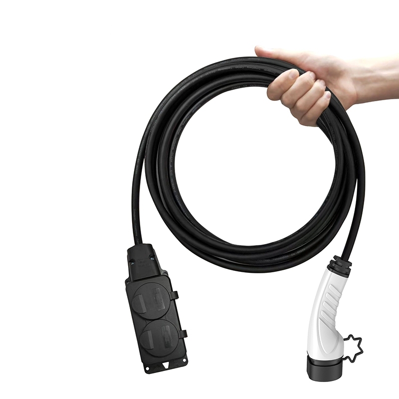 Portable EV charging adapter cable, Type 2 connector to dual outlets, essential for travel and outdoor power needs.