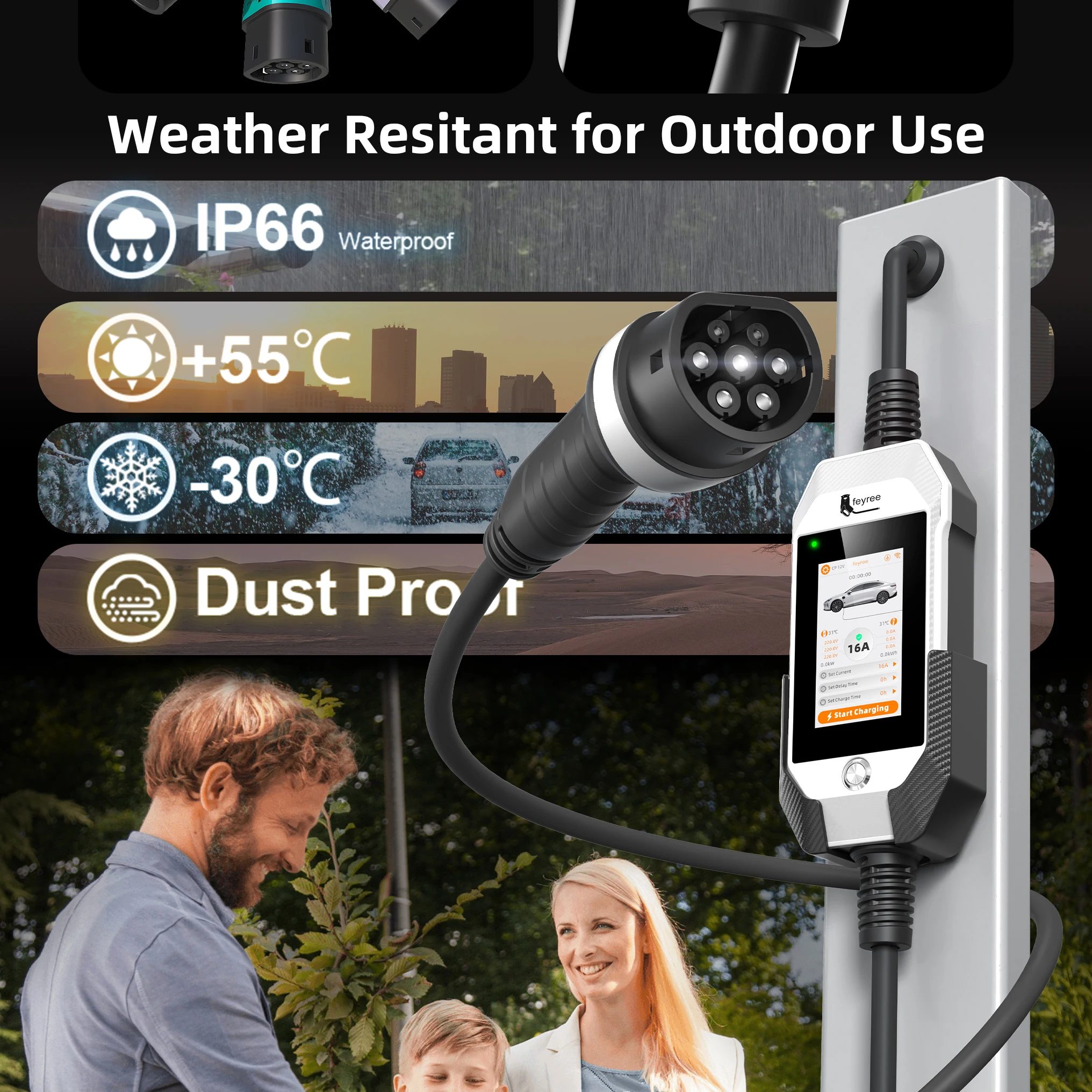 Portable EV charger with Type 2 plug and display, featuring IP66 weather resistance for reliable outdoor use in temperatures from -30 to 55.