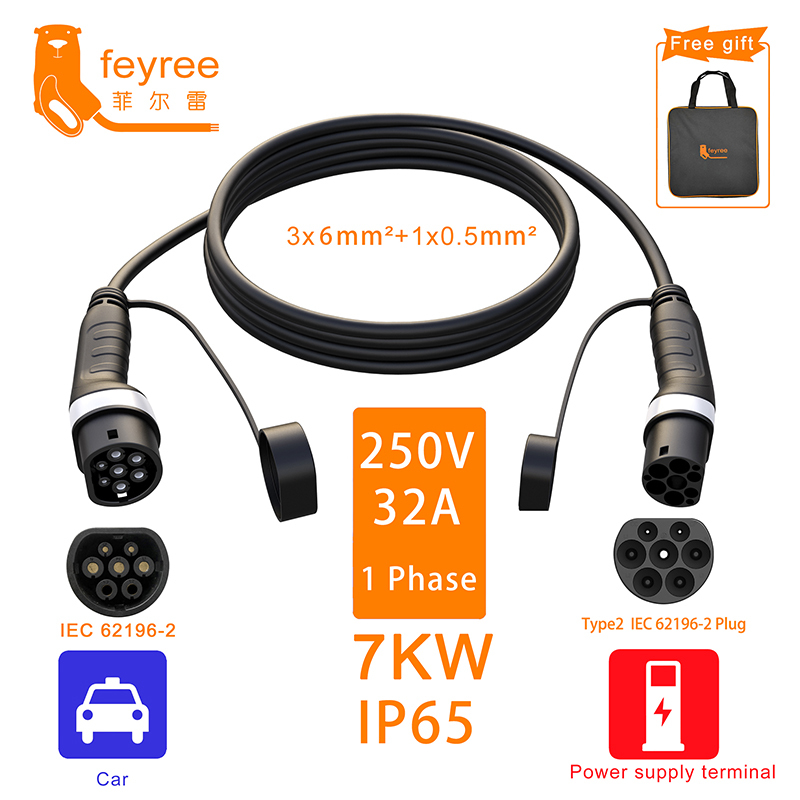 feyree EV Charger Type2 Charging Cable Female to Male Plug 32A 7KW 1Phase16A 11KW 3Phase 22KW Charger Station for Electric Car-feyree