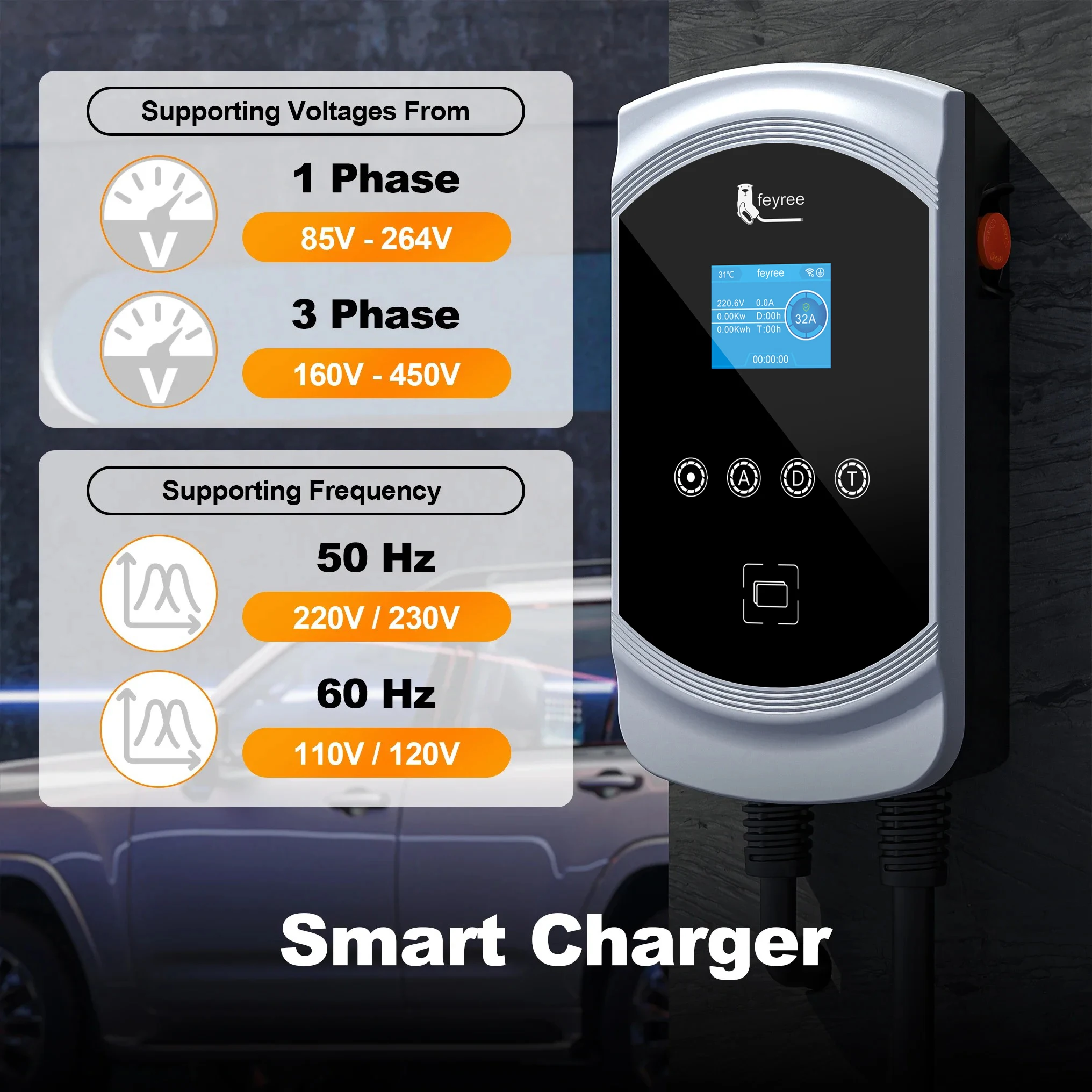 Global smart EV charger supporting 1-Phase (85-264V) and 3-Phase (160-450V) for universal compatibility and ease of use.