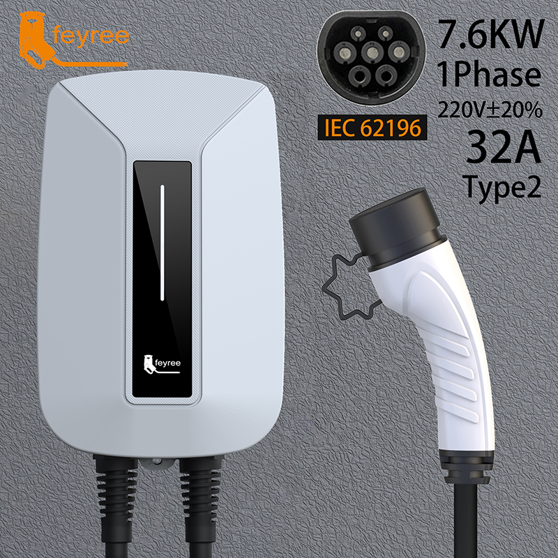 feyree EV Charger Type2 Plug EVSE Wallbox 32A 7KW IEC62196-2 Socket 1 Phase 5m Cable Wallmount Charging Station for Electric Car-feyree