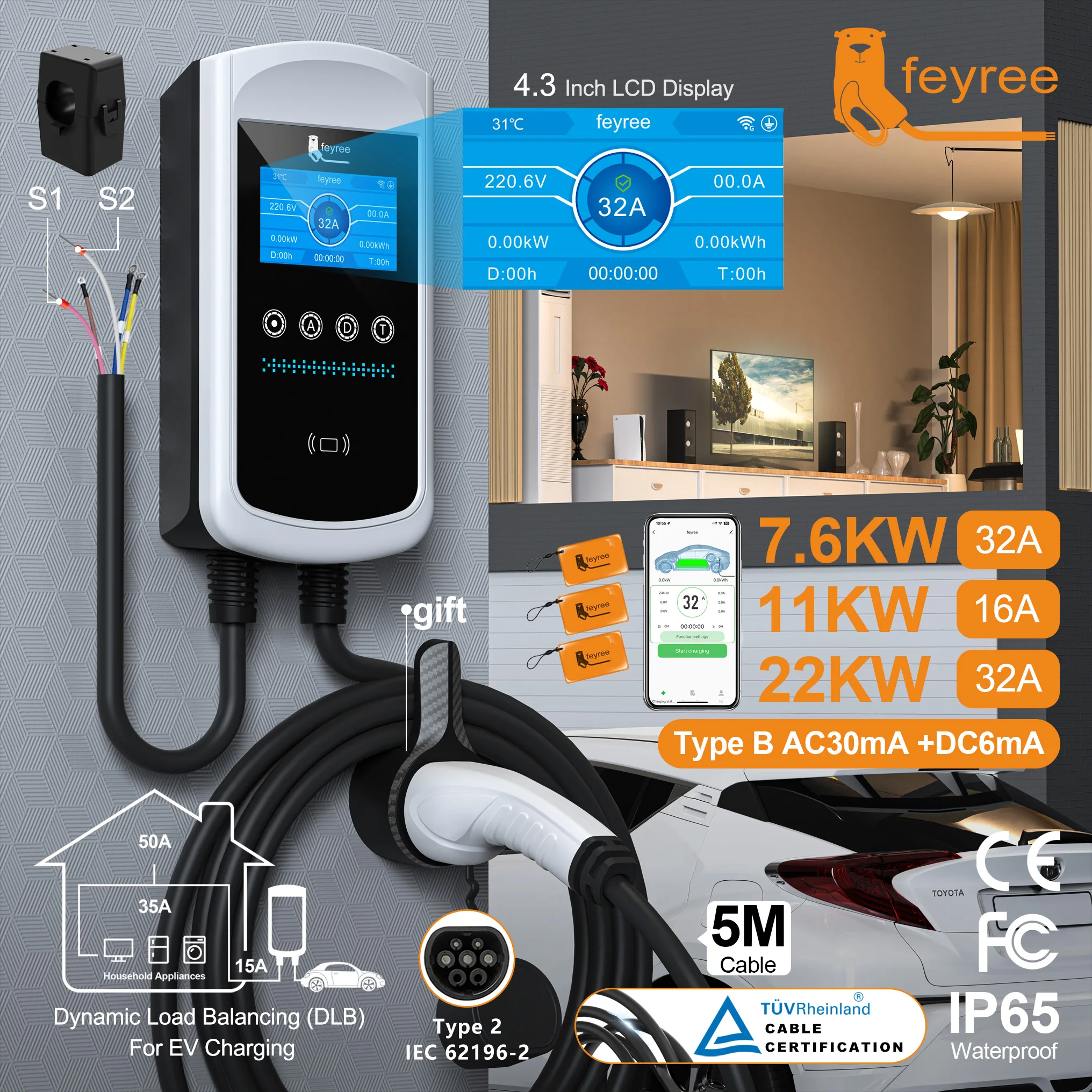 22kW 32A Type 2 EV wallbox charger with 4.3-inch display, 5M cable, Dynamic Load Balancing, and IP65 protection for smart, safe home charging.