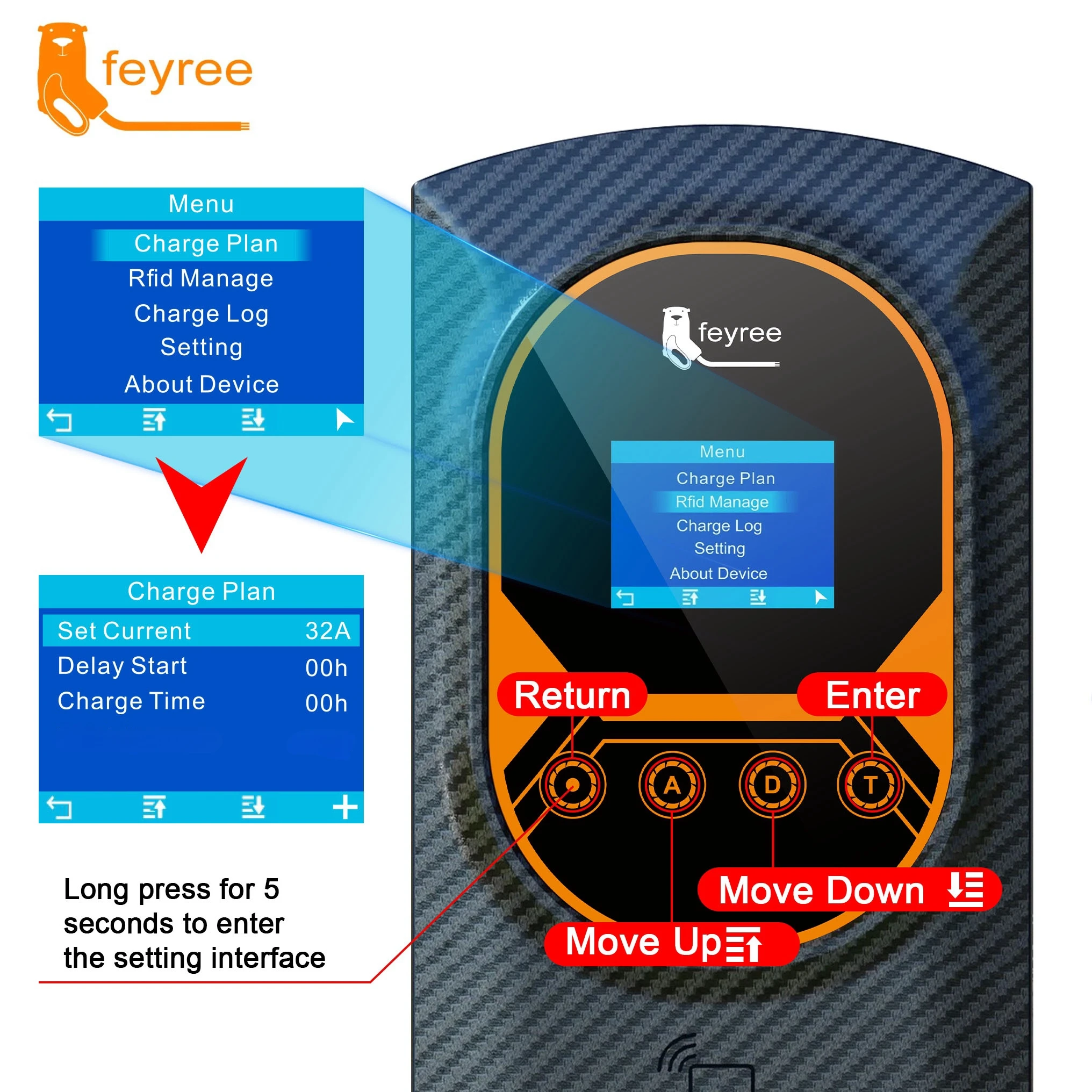 Digital screen Level 2 EV charger with smart menu for setting charging plan, current, delay, and tracking charge logs.