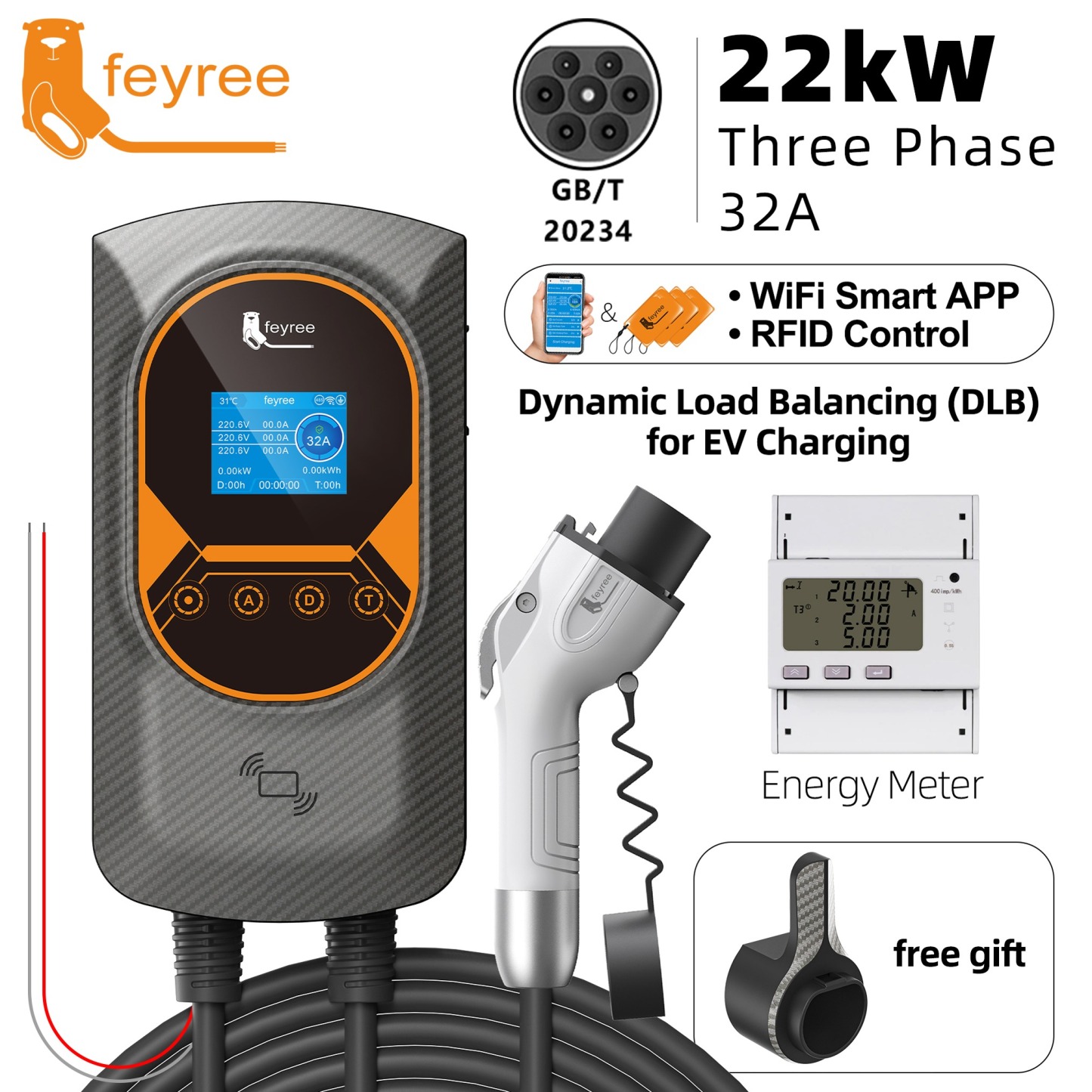 feyree GBT 22kW 32A Three Phase EV Wallbox Smart Dynamic Load Balance RFID Card APP Control EV Charging Station for Outdoor Use