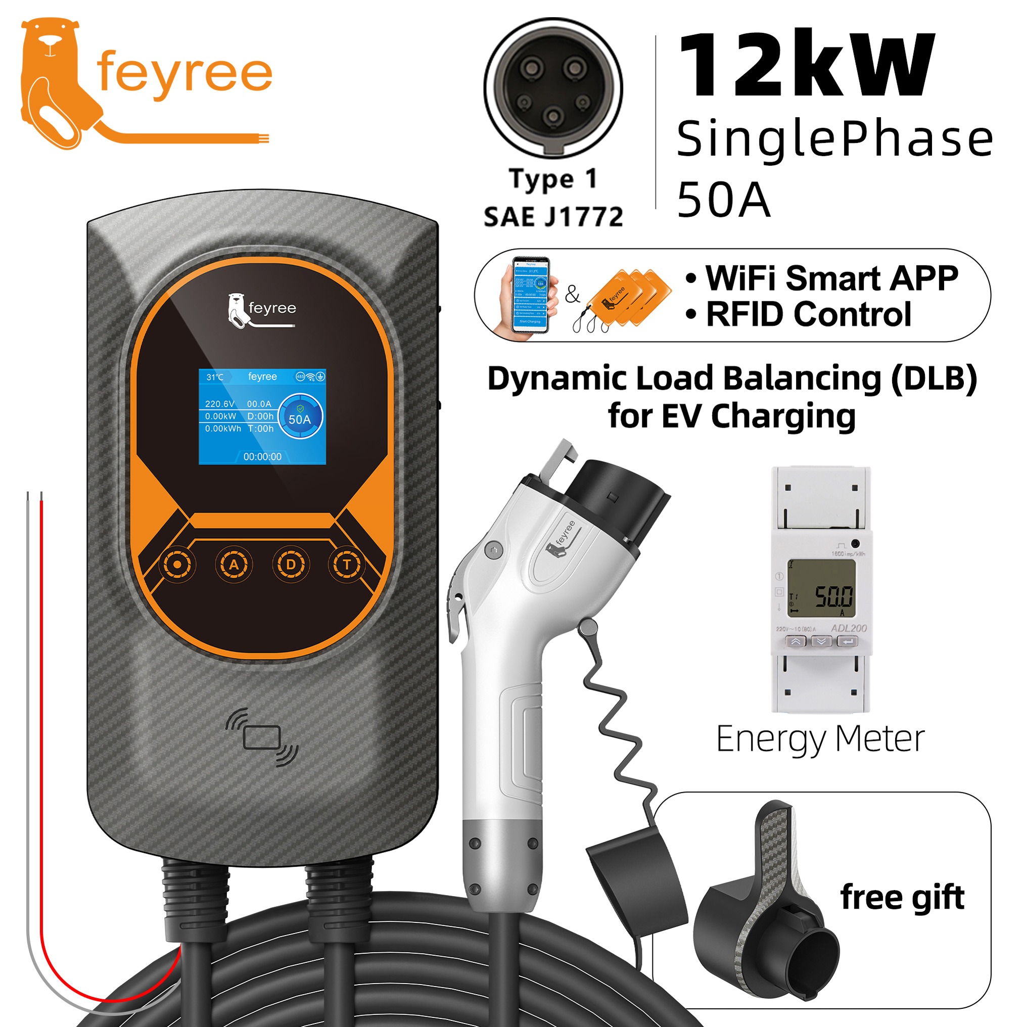 Feyree Type 1 7kW 9.6kW 12kW EV Charging Wallbox Adjustable Current EV Home Charger WIFI Bluetooth Control with DLB Function