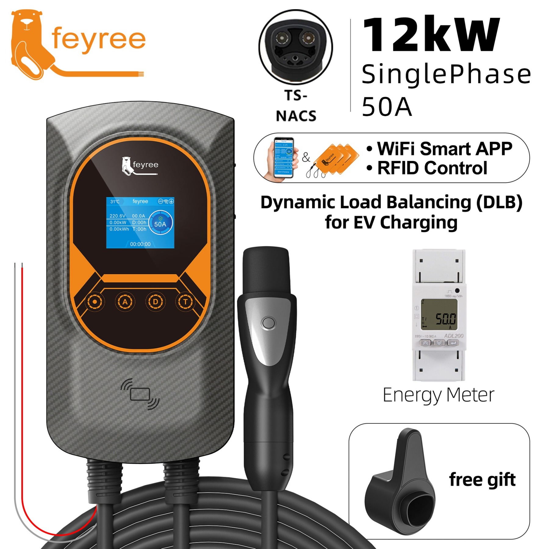 Feyree NACS Smart EV Wallbox Charger 12kW 50A Single Phase Dynamic Load Balancing APP Control Charging Log EV Charging Station