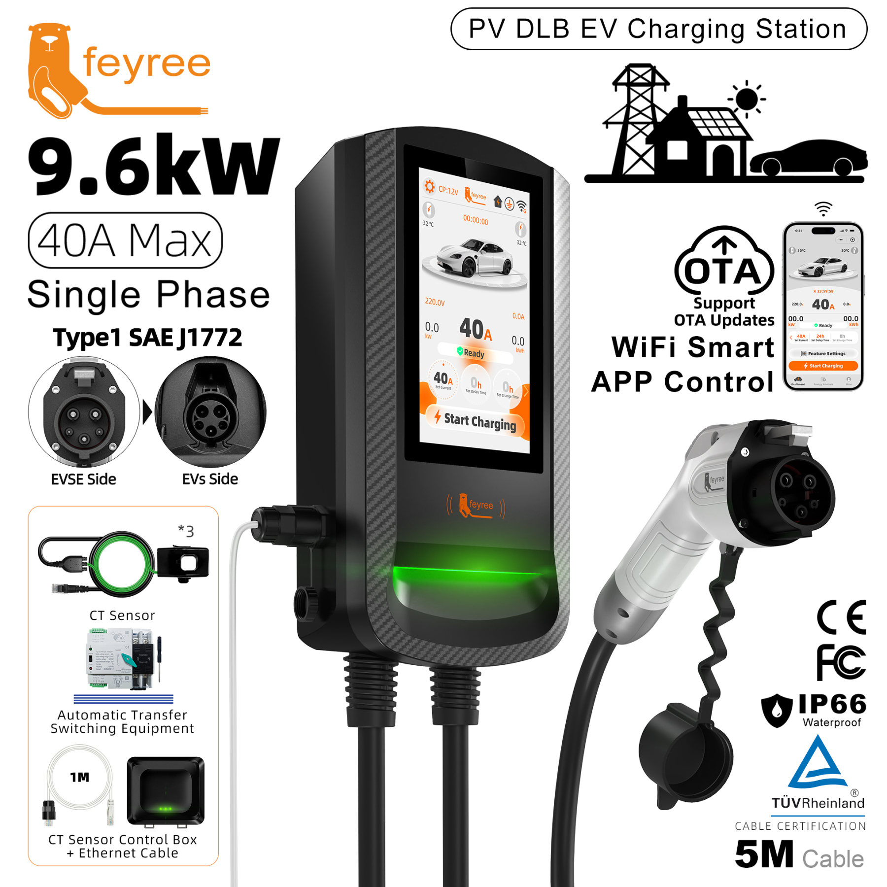 feyree Type1 7.6kW EV Wallbox 7Inch Touch Screen APP Control 9.6kW OTA Charge Log PV Solar Dynamic Load Balancing 12kW EVCharger