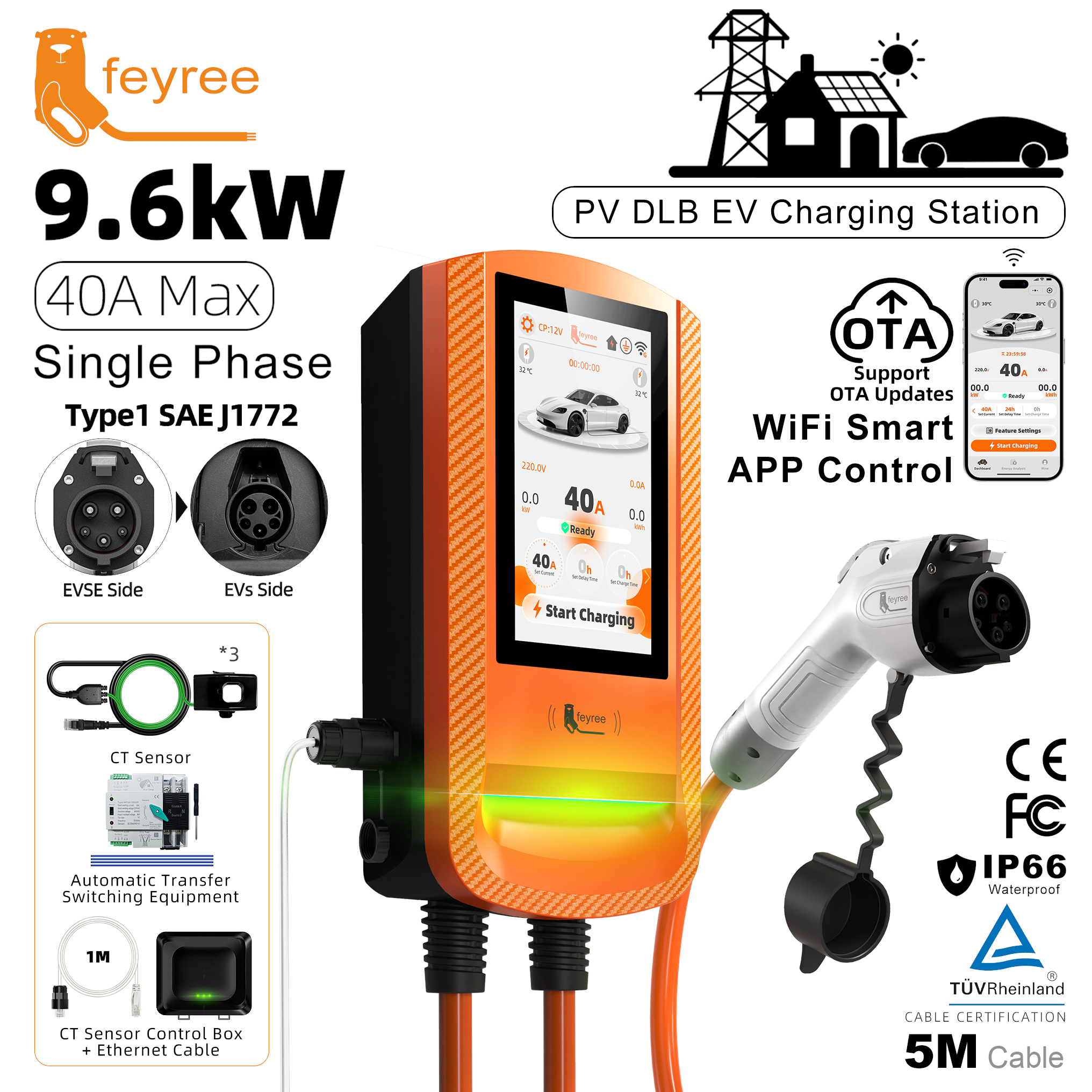 feyree 7 Inch Touch Screen Type 1 EV Charger Smart APP Charging Log OTA Upgrade with PV Automatic Load Balancing Solar Charger